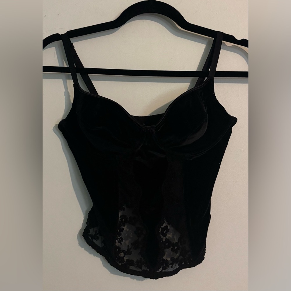 Fabiani Womens Black Velvet Lace Corset Eur Sz 75B (34A) Adjustable Straps Sexy